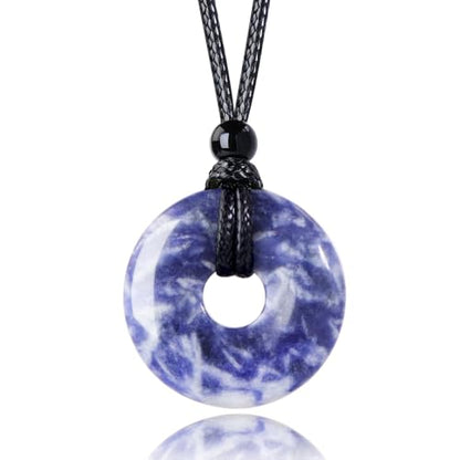 FANASY Natural Gemstone Pendant Necklce Lucky Coin Crystal Necklace Protection Donut Pendnat with Adjustable Rope for Men Women - color: Blue Spot Jasper