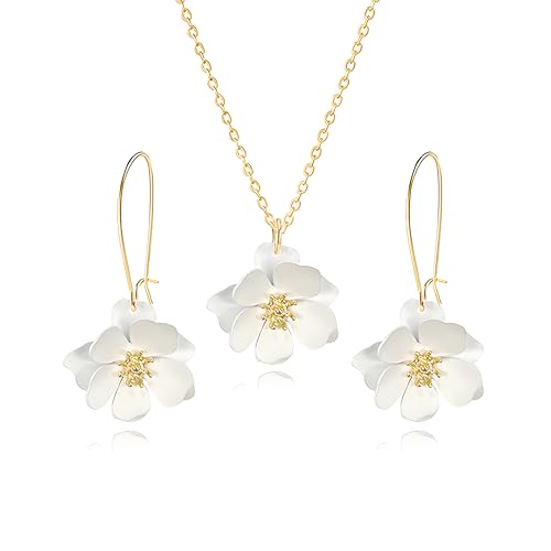 WCRAZYE Bohemian Daisy Flower Earrings Necklace Sets for Women Unique Trendy Boho Matte 3D Gold Flower Floral Petal Statement Earring Wedding Jewelry - color: White