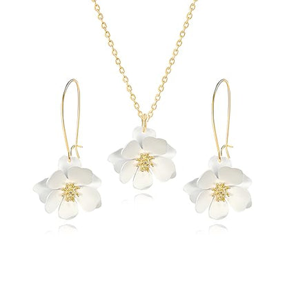 WCRAZYE Bohemian Daisy Flower Earrings Necklace Sets for Women Unique Trendy Boho Matte 3D Gold Flower Floral Petal Statement Earring Wedding Jewelry - color: White