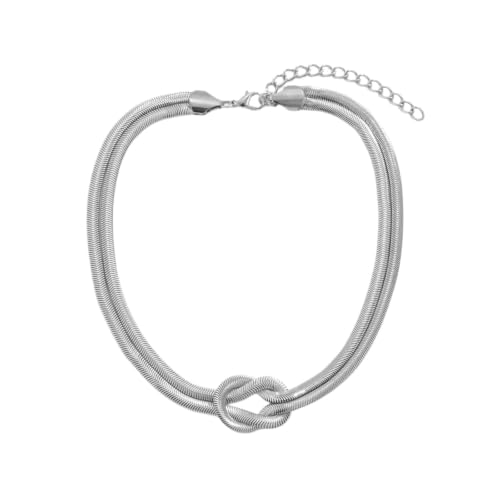 Silver Tone Double Chain Snake Knot Choker Necklace for Women, Adjustable Mesh Layered Jewelry Set - color: White K