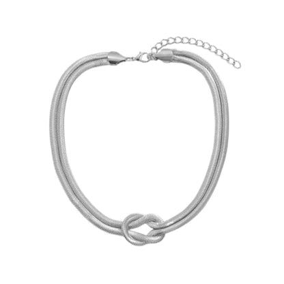 Silver Tone Double Chain Snake Knot Choker Necklace for Women, Adjustable Mesh Layered Jewelry Set - color: White K