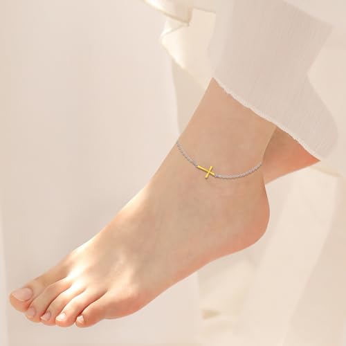 925 Sterling Silver Anklet Foot Bracelet with Crystal from Austria, Anklet Jewelry Gifts for Women 11 Inch Adjustable - style: Cross