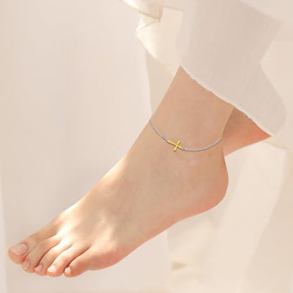 925 Sterling Silver Anklet Foot Bracelet with Crystal from Austria, Anklet Jewelry Gifts for Women 11 Inch Adjustable - style: Cross