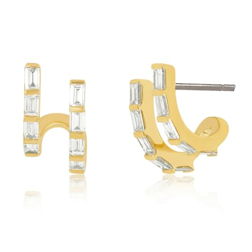 Obidos 14K Gold Plated Illusion Stud Earrings for Women | Triple Huggie Hoop Earrings for One Hole| Trendy Simple Hypoallergenic Fashion Accessories Gold Jewelry Gifts for Womens - color: Baguette Double Hoops Gold