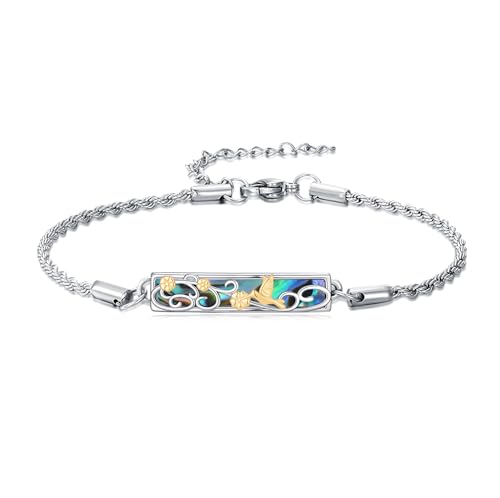 Waves/Tree of Life/Mushrooms/Moon Phase/Butterfly/Hummingbird Bracelet/Anklet 925 Sterling Silver Adjustable Abalone Shell Bar Bracelet/Anklet Summer Jewelry Gifts for Women - color: Hummingbird, size: Bracele 7"+2"