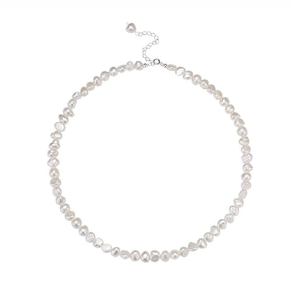 Natural Pearls Necklace, Freshwater Baroque Pearls Necklace for Women's Pearl Strand Choker Necklace 18K Gold Plated & S925 Sterling Silver Clasp White Necklace Chain - color: White, 5-6mm, Silver Clasp