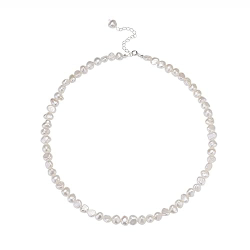 Natural Pearls Necklace, Freshwater Baroque Pearls Necklace for Women's Pearl Strand Choker Necklace 18K Gold Plated & S925 Sterling Silver Clasp White Necklace Chain - color: White, 5-6mm, Silver Clasp