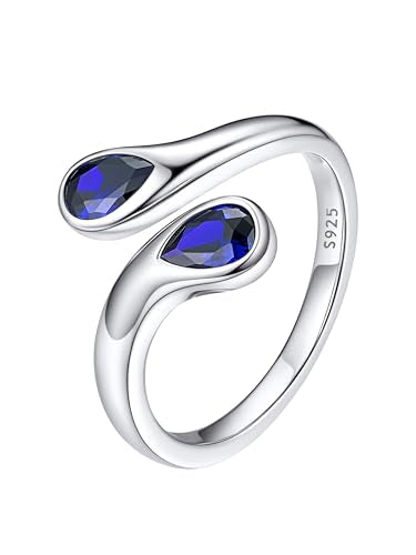 Bestyle Silver Birthstone Ring for Women, Dainty Sterling Silver Teardrop Ring Open Adjustable Band Ring, Love Statement TOI et Moi Ring Promise Ring for Her - color: 09.September ( Sapphire)