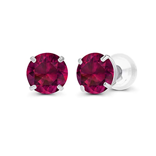 Solid 14K Yellow, White or Rose Gold 4mm Round Genuine Gemstone Birthstone Prong Set Stud Earrings For Women - color: Ruby Created