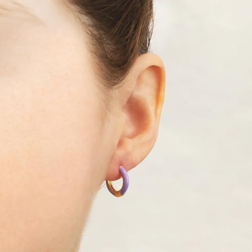14K Gold Plated Sterling Silver Enamel Color Huggie Hoop Earrings for Women – Wide Range of Vibrant Color Options Available - color: Purple ( Fancy )
