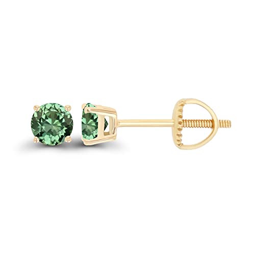 14K Gold Plated 925 Sterling Silver Hypoallergenic 4mm Round Genuine Birthstone Solitaire Screwback Stud Earrings - color: Green Sapphire Created