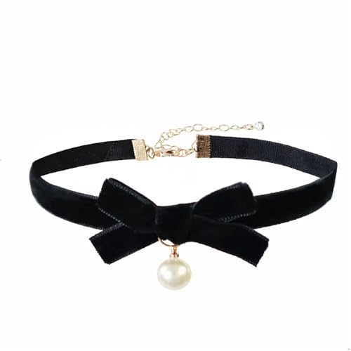 Bow Necklace for Women Red Bow Velvet Choker Necklace Black Ribbon Pearl Pendant Necklace Cute Bow Knot Necklace for Christmas Gifts - color: Bow Black