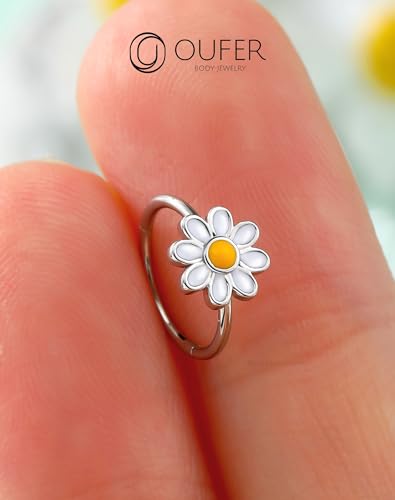 OUFER Nose Rings Hoops, 316L Surgical Steel Hinged Segment Nose Rings 20G, Silver Gold Nose Rings with Cute Daisy Design, Nose Nostril Piercing Jewelry for Women and Men - color: Silver