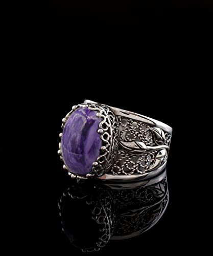 Filigranist 925 Sterling Silver Filigree Art Lace Embroidery Tulip Detailed Gemstone Women Cocktail Ring, Luxurious Gift Boxed - color: Charoite