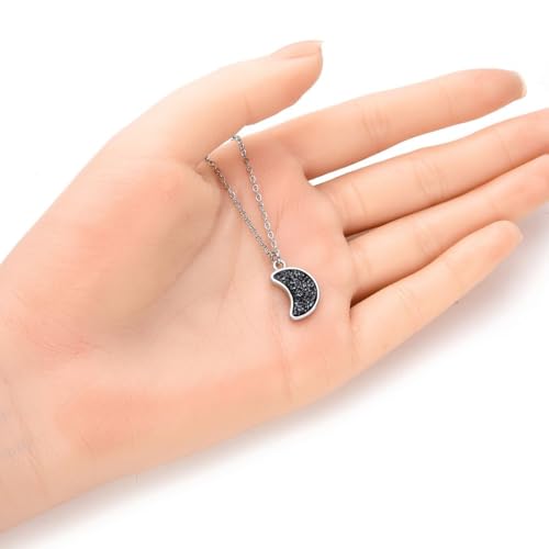 Adabele Natural Druzy Necklace Small Tiny Moon Gemstone Pendant 18 inch Sparkly Agate Stone Crystal Women Jewelry Tarnish Resistant Stainless Steel/Gold Plated Chain - color: Hematite black druzy - stainless steel