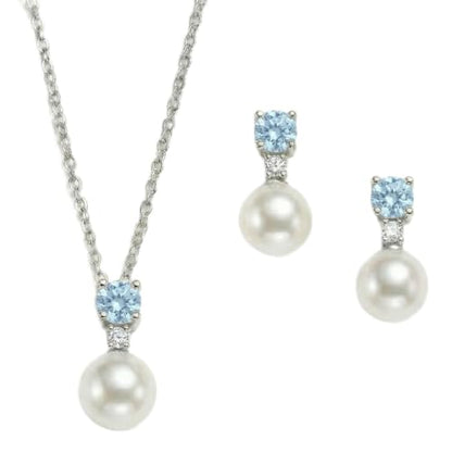 Mariell Pearl Wedding Necklace Earrings Set with CZ Crystal, Jewelry for Brides, Bridesmaid, Mother's Day - color: Silver-Blue Cubic Zirconia