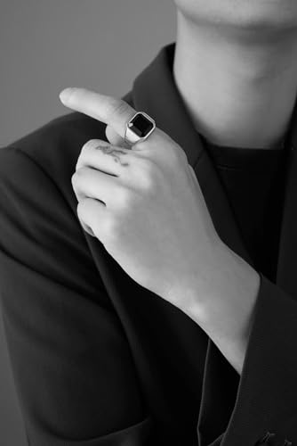 VQYSKO 14K Gold Plated Square Signet Ring | Stainless Steel Band for Men - color: Silver+Black