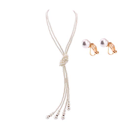 Handmade Faux Pearl Necklace and Clip on Earrings Jewelry Sets for Women Bib Choker Collar Necklace - color: Double Necklace+Clip Earrings
