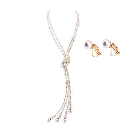 Handmade Faux Pearl Necklace and Clip on Earrings Jewelry Sets for Women Bib Choker Collar Necklace - color: Double Necklace+Clip Earrings