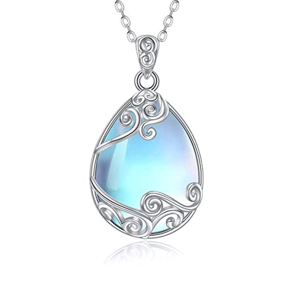 YAFEINI 925 Sterling Silver Moonstone Necklace Filigree Teardrop Pendant Necklace Jewelry for Women Girls - color: A-filigree moonstone necklace