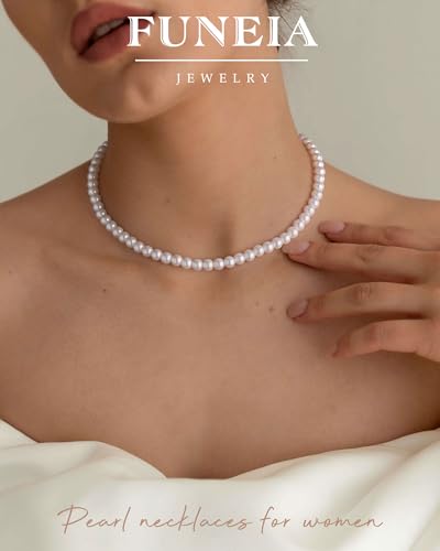 FUNEIA Dainty Pearl Necklace for Women 14K Gold Plated Faux Pearl Choker Necklaces Trendy White Silver Small Pearl Necklace Strand Wedding Prom Bridal Pearls Jewelry 14/16/18/20 Inches - color: B-6mm Pearl Necklace-Silver