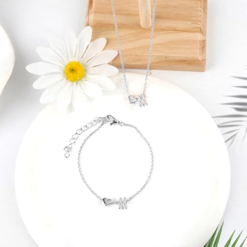 Gold Bracelets For Women Heart Initial Letter Pendant Necklace and Bracelet Set Personalized Jewelry Sets for Women Birthday Gifts for Mom Her Daughter Initial Necklace 14K Silver Plated - style: Silver-M