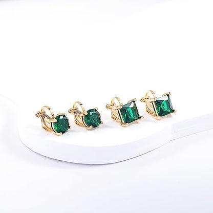YOQUCOL 2 Pairs 8MM Cubic Zirconia Crystal Clip On Stud Earrings Non Pierced Stud Earrings For Women - color: Gold-Green