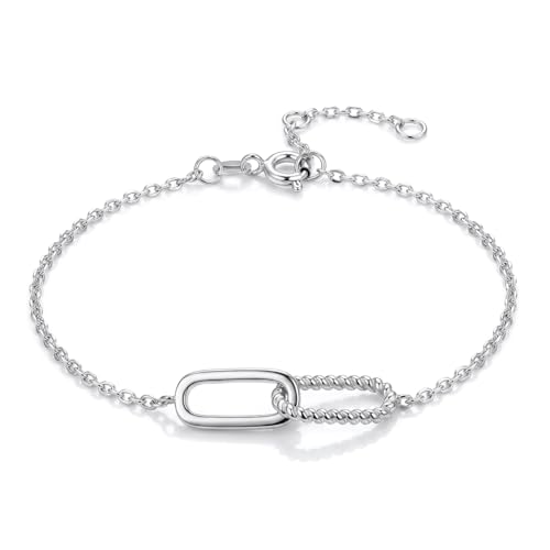 Dainty Lucky Four Leaf Clover Bracelets for Women, Trendy 14K Gold Plated Hypoallergeni Cubic Zirconia Bracelets Cute Paperclip Interlocking Adjustable Chain - color: Silver Paperclip Bracelet
