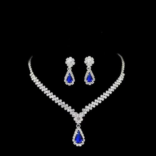 Wedding Jewelry Sets for Brides Rhinestone Necklace and Earring Set Bracelet Ring Gold Silver Prom Jewelry Sets Diamond Flower Teardrop Necklace for Women - color: Style4-Blue