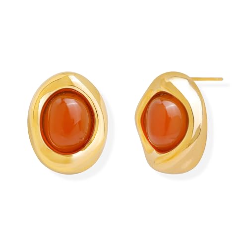 Jean Beau Chunky Gold Stone Stud Earrings for Women, Trendy Natural Gemstone Hypoallergenic Earing Valentine Jewelry Gift - color: Amber Orange