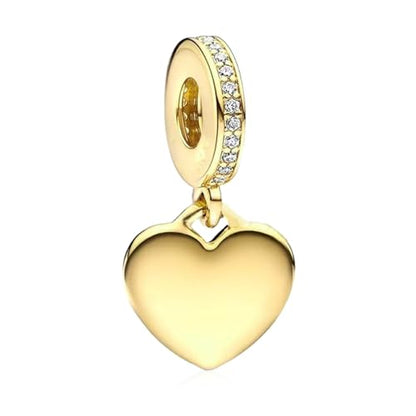 14K Gold Plated Silver Charms for Pandora, Women Heart Family Love Pet Animal Bead Dangle for Bracelets Necklace Jewelry Gift - color: B-Golden heart Pendant