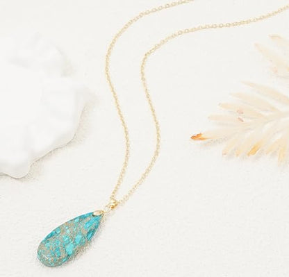 Stone Necklaces for Women Teardrop Gemstone Pendant Necklace Natural Stone Chain Necklaces - color: Turquoise Gold