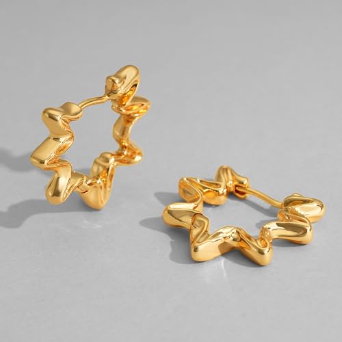 DREMMY STUDIOS Gold Dainty Huggie Hoop Earrings 18K Gold Plated Exquisite Open Tassel Dangle Charm Drop Sleeper Geometric Cross Coin Star Heart White CZ Simple Hypoallergenic Earrings for Women - color: Star-Hoop