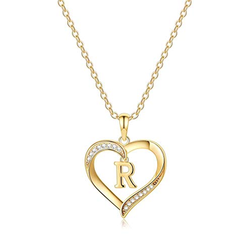 Yesteel Heart Initial Necklaces for Women, 14K Gold Plated Cubic Zirconia Heart Pendant Necklace, Dainty Initial Charm Necklace Letter A to Z Jewelry for Women Girls - style: R