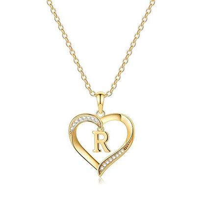 Yesteel Heart Initial Necklaces for Women, 14K Gold Plated Cubic Zirconia Heart Pendant Necklace, Dainty Initial Charm Necklace Letter A to Z Jewelry for Women Girls - style: R