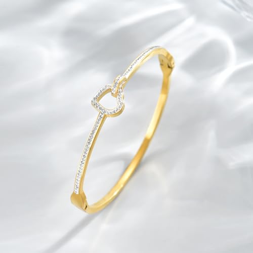 Gold Bangle for Women 18K Gold Plated Bamboo Heart Star Labyrinth Bangle Bracelets Dainty Stainless Steel Jewelry Gifts - color: Love Bangle-Gold