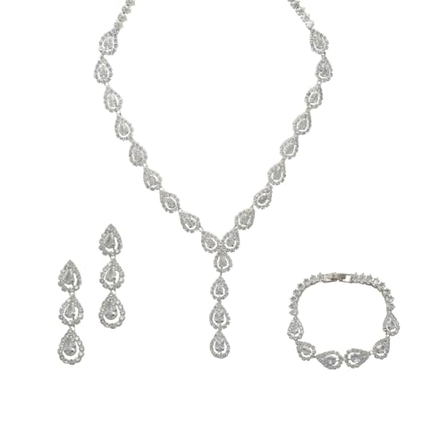 Bride Jewelry Set Silver Crystal Wedding Necklace Earrings Bracelet Set - Bridal Rhinestone Brass Pendant Accessories for Women and Bridesmaids - style: Jewelry Set 04