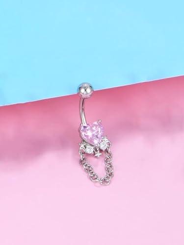 MODRSA Gold Belly Button Ring Dangle Belly Rings Silver Pink Dangling Dangly Belly Button Piercing Hypoallergenic Surgical Steel Opal Butterfly Navel Rings for Women Cute Dainty Navel Jewelry - color: B2- heart 3pcs - silver pink