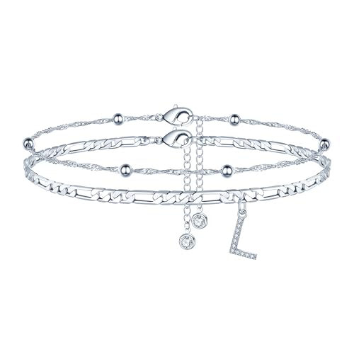Ankle Bracelets for Women, 14K Gold Plated Dainty Layered Chain CZ Initial Anklets Summer Jewelry Gifts for Women - style: L-Silver