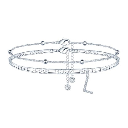 Ankle Bracelets for Women, 14K Gold Plated Dainty Layered Chain CZ Initial Anklets Summer Jewelry Gifts for Women - style: L-Silver