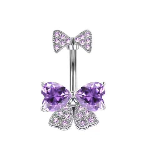 14G Rhinestone Bowknot Belly Button Ring for Women - Stainless Steel CZ Crystal Bow Navel Curved Barbell - Sparkling Body Piercing Jewelry - color: Purple