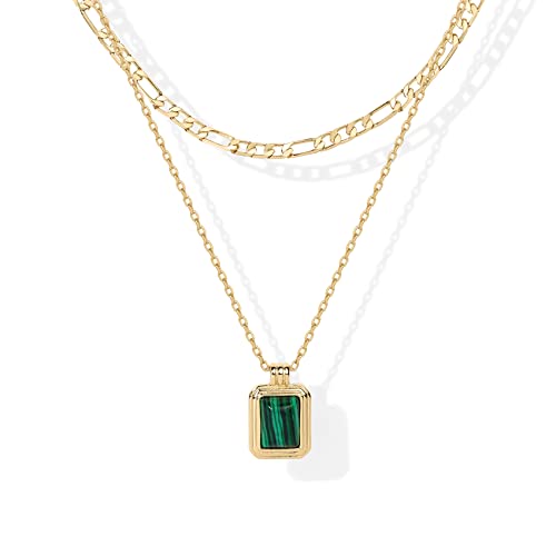 PAVOI 14K Gold Plated Layered Necklaces for Women | Gemstone Pendant Figaro Chain Necklace | Carnelian, Green Aventurine, Malachite Layering Necklace - color: Yellow Gold, style: Malachite