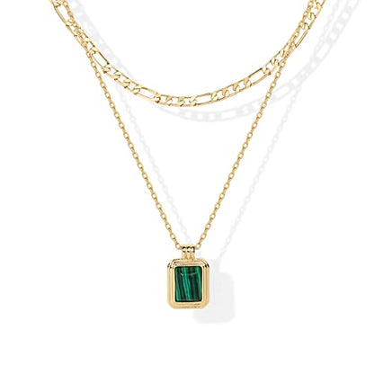 PAVOI 14K Gold Plated Layered Necklaces for Women | Gemstone Pendant Figaro Chain Necklace | Carnelian, Green Aventurine, Malachite Layering Necklace - color: Yellow Gold, style: Malachite