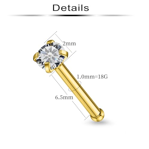 20Pcs Nose Rings Studs Surgical Steel L-Shape Nose Rings for Women 1.5mm 2mm Cubic Zirconia Nose Screw Studs Hypoallergenic Nose Piercings Jewelry 24g 22g 20g 18g - color: straight,goldtone, size: 18g,2mm CZ