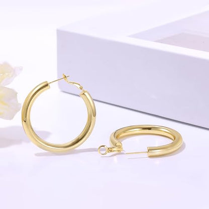 sovesi Chunky Hoop Earrings for Women, 14K Gold Plated Thick Hoops | 5mm Thick Hollow Tube Chunky Lightweight Hypoallergenic Hoop Earrings for Women - style: Gold 40MM