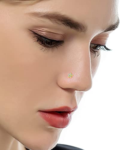 9Pcs Nose Rings Stud L Bone Screw Shaped Nose Ring Flower CZ Snowflake Butterfly Screw Nose Stud Body Piercing Jewelry for Women Men 20G Silver Gold Rose Gold Tone - color: H:Mixed Colors