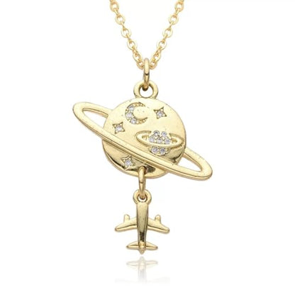 Planet Necklace for Women Gold-Plated Adorned with Saturn Earth Moon and Star Pendants Paired with a Medallion Pendant and Paperclip Chain Choker Adjustable Chain Length Jewelry Gift for Birthdays Dances and Parties - style: Plane