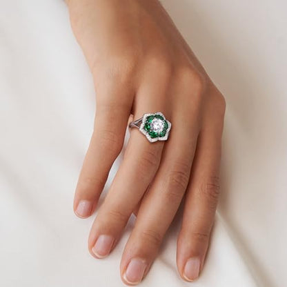 Flower Cocktail Ring for Women Stone Engagement Anniversary Rings | Sterling Silve|Hypoallergenic|Ruby|Sapphire|Emerald|Wedding and Birthday Party Women Statement Ring|Mother and Grandma Gift - color: Emerald (May)