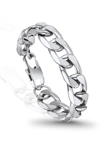 PROSTEEL Bracelets for Men, Figaro/Cuban Mens Bracelet, Silver/Gold/Black | 6/9/13mm Width, 7.5/8.3/9" Length, Stainless Steel Mens Bracelet, Durable & Non Tarnish, Chunky Jewelry with Gift Box - style: G 13mm-Cuban-Silver