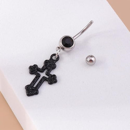 Silver Belly Button Ring Crystal Spider Dangle Belly Ring Sparkly Cubic Zirconia Insect Navel Ring Surgical Steel Belly Navel Piercing Jewelry for Women Girls - style: cross